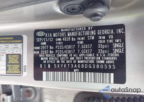 2013 Kia Sorento Lx from USA, damaged, VIN 5XYKT3A68DG380595